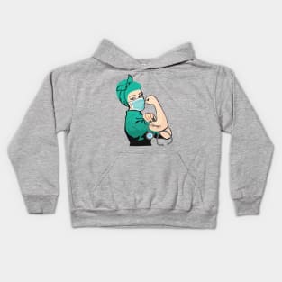 Pin Up Nurse Girl Wearing Mask with Strong Tattoo Kids Hoodie